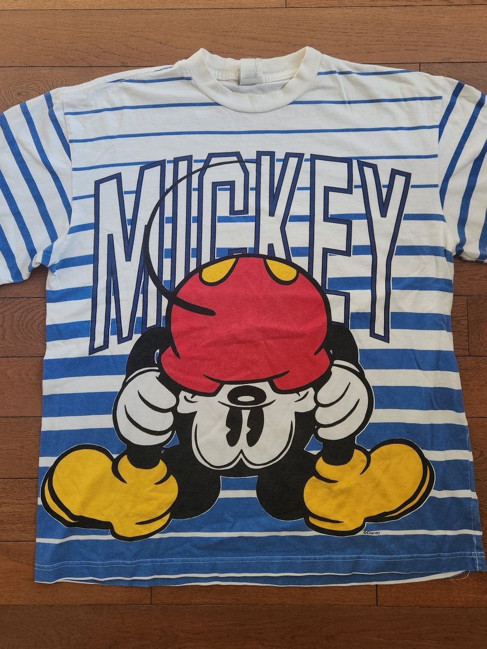 Vintage Disney Mickey Mouse Blue & White Striped Graphic Tee